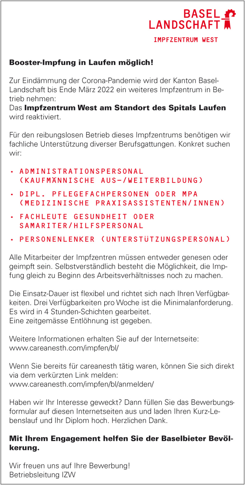 Inserat Impfzentrum West Laufen